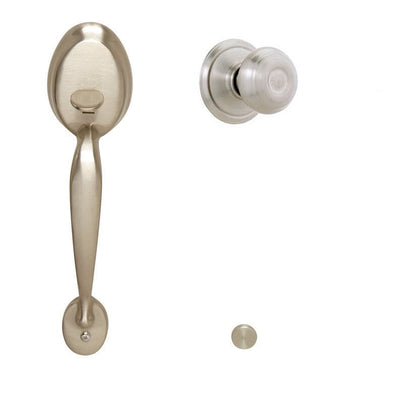 Schlage FE285-PLY-GEO Plymouth Keyed Entry Handle Set with a Georgian Interior Knob.